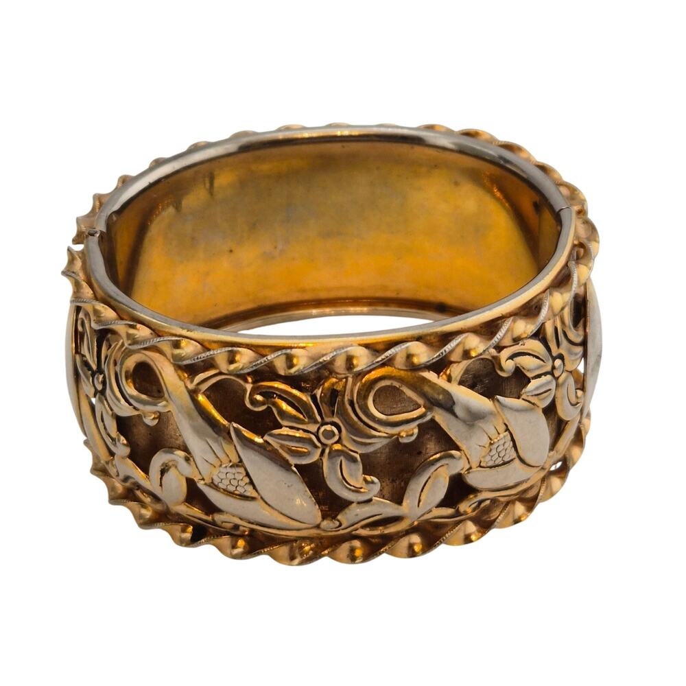 Vintage Wide Gold Tone Floral Hinged Bracelet Openwork Bangle